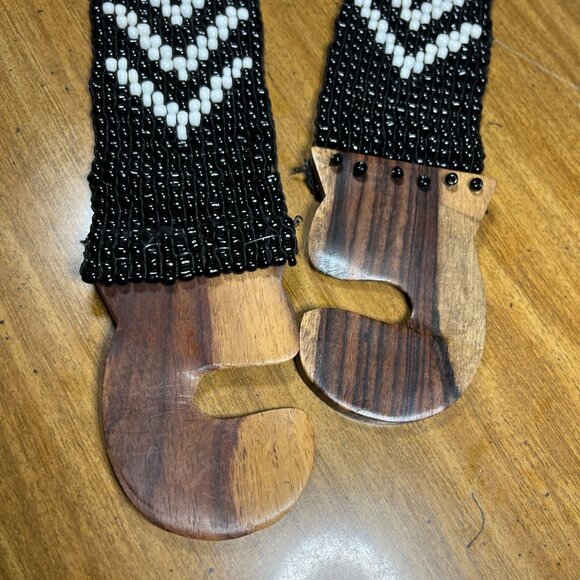 Vintage Hand Beaded Black White Elastic Stretch Belt Wood Detail Boho 31"-33" - Picture 3 of 8